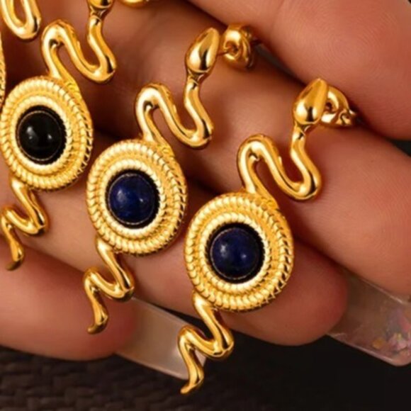Womens Snake Earrings Pierced Gold Plated Blue Lapis Lazuli Gemstone Chandelier - Picture 7 of 7